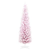 Homcom 6' Snow Flocked Artificial Pencil Christmas Tree, Slim Xmas Tree With Realistic Branches And Plastic Base Stand For Indoor Decoration, Pink Pink Plastic