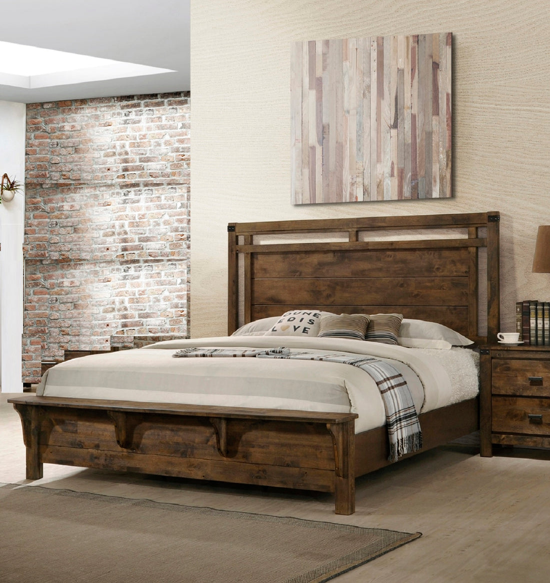 1Pc Rustic Industrial Style Brown Finish Queen Size Panel Bed W Built In Bench Footboard Solid Wood Wooden Bedroom Furniture Queen Brown Brown Wood Bedroom Contemporary,Industrial,Rustic Solid