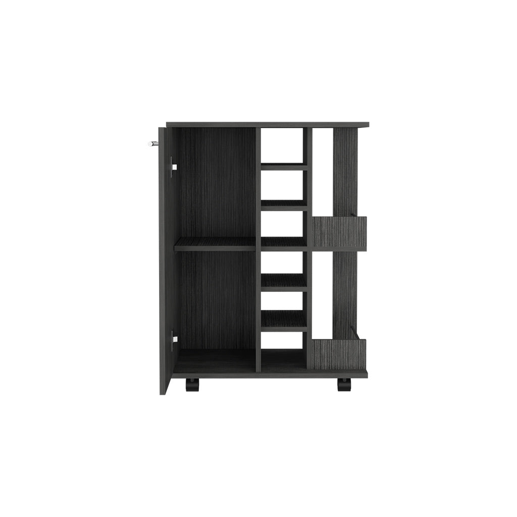 32" H Smokey Oak Bar Coffee Cart, Cabinet Storage, With 4 Wheels, 1 Divided Storage With 1 Shelf, 1 Folding Door, A Central Vertical Division For 6 Bottles And 2 Side Shelves With Aluminum Front