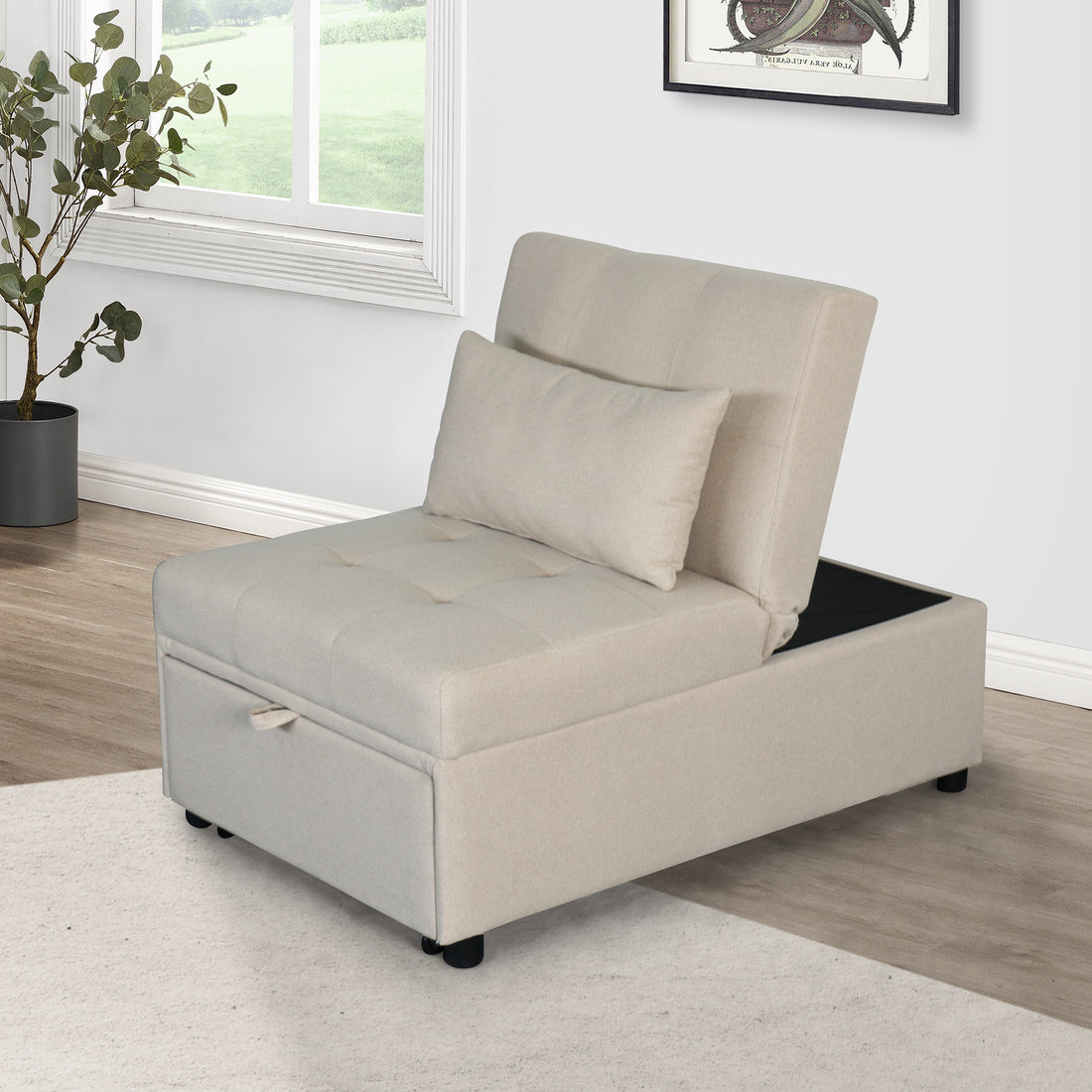 Folding Ottoman Sofa Bed Beige Beige Wood