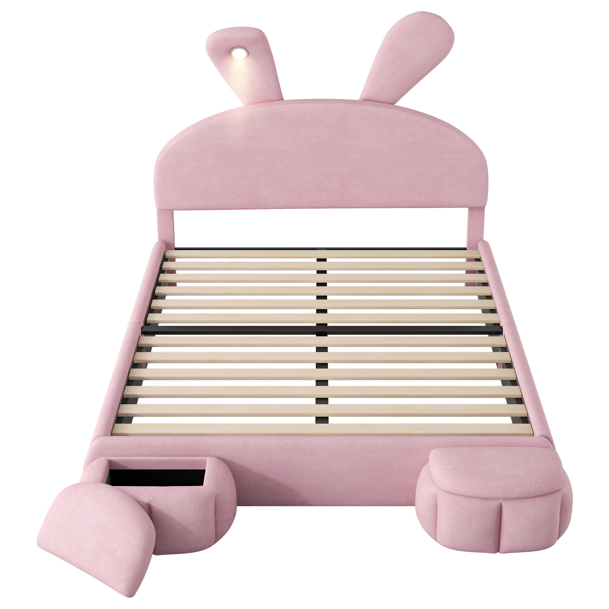 Full Size Upholstered Platform Bed With Cartoon Ears Shaped Headboard And Light, Pink Box Spring Not Required Full Pink Wood Bedroom Bed Frame Velvet Upholstered