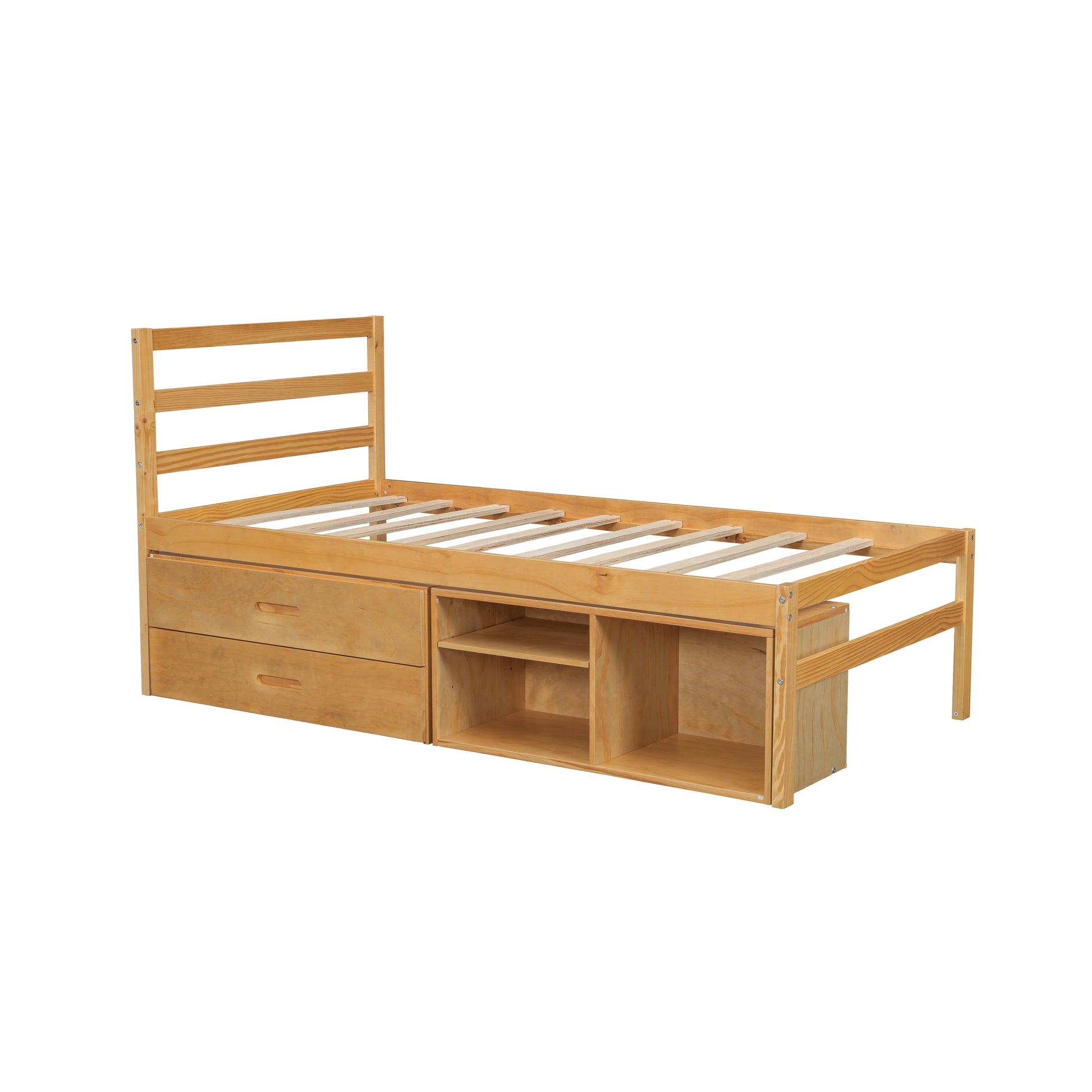 Twin Size Wood Platform Bed With Removable Storage Shelves, Built In Two Storage Drawers For Added Convenience, Natural Twin Natural Wood