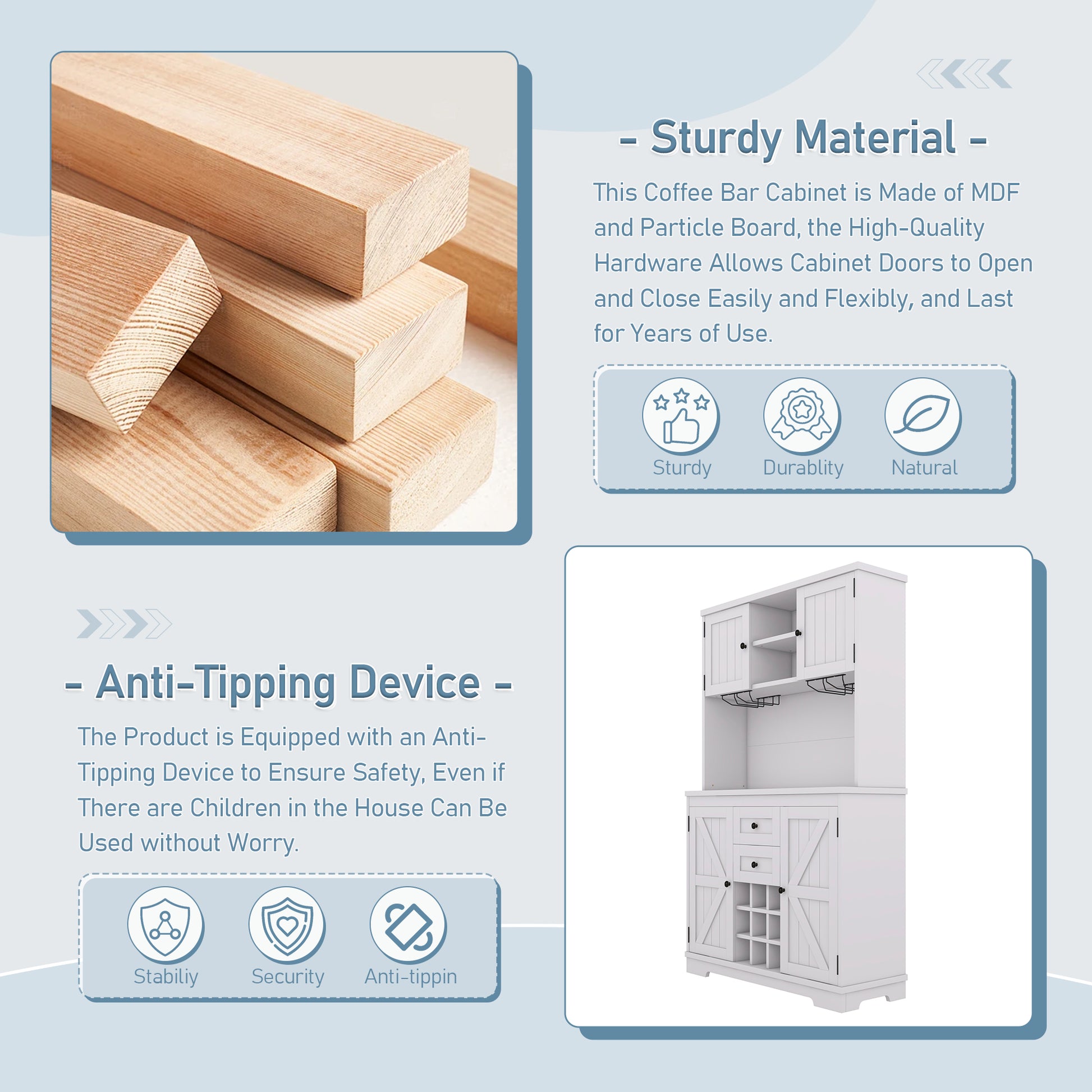 Coffee Bar Cabinet Kitchen Cabinet With Storage, Farmhouse Wine Cabinet With Drawers Shelves And Cabinets, Buffet Cabinet Wine & Glass Racks For Dining Room, White Off White Particle Board Mdf