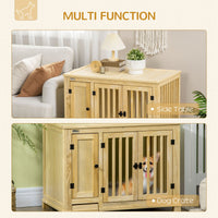 Pawhut Wood Dog Crate Furniture With Hidden Food Bowl In Drawer, Dog Crate End Table With Cushion, Double Doors, For Small Dogs Indoor Use, Natural Natural Wood Wood