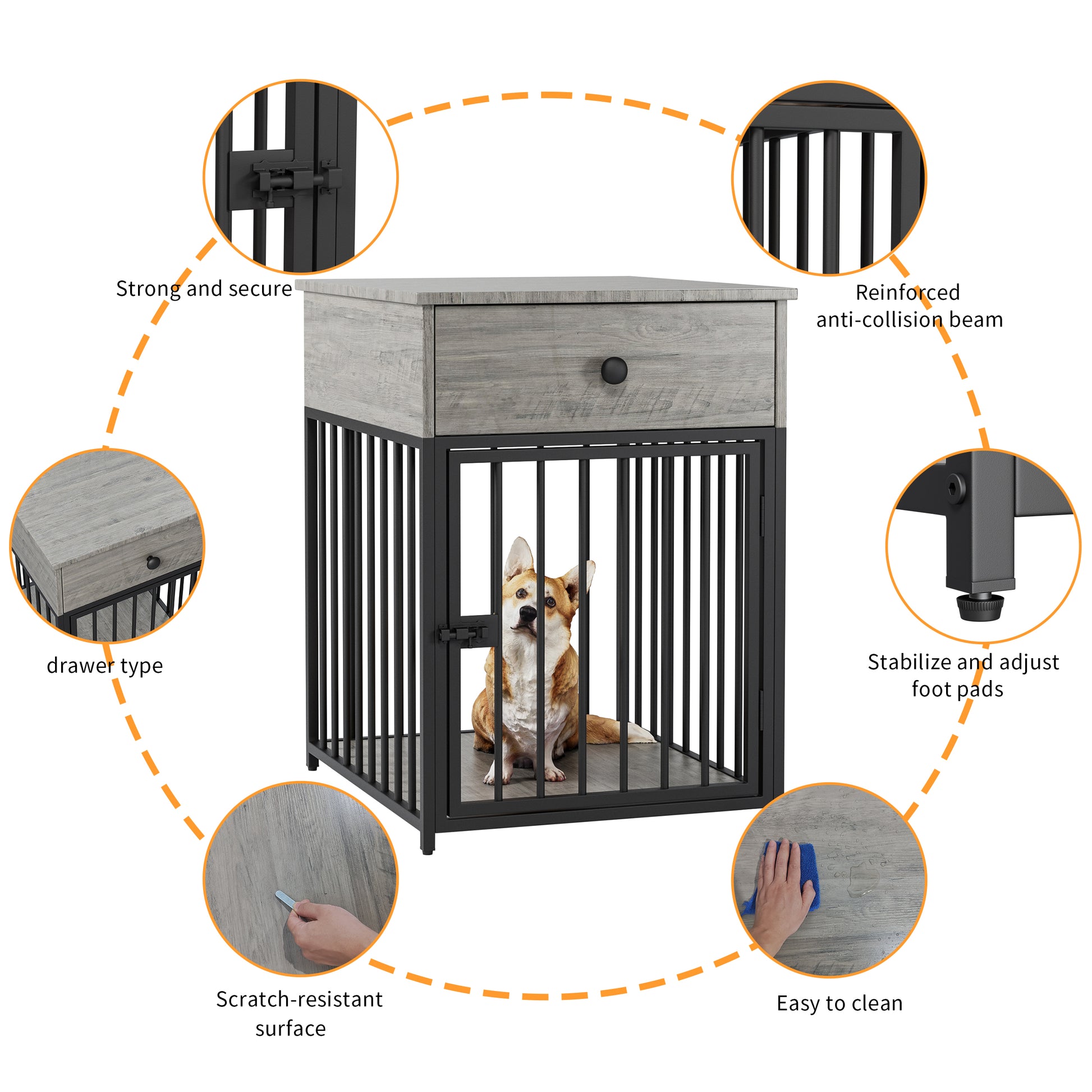 Dog Crate Furniture, Dog House, Decorative Dog Kennel With Drawer, Indoor Pet Crate End Table For Small Dog, Iron Tube Dog Cage, Chew Proof Gray Mdf