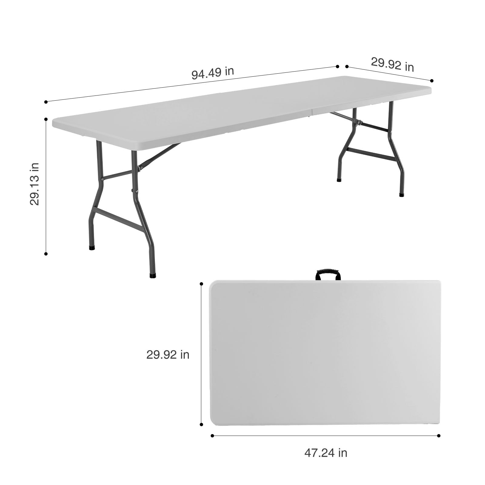 8Ft Folding Table Outdoor Indoor Heavy Duty Portable Table With Carrying Handle For Camping Picnic Party White Metal & Wood