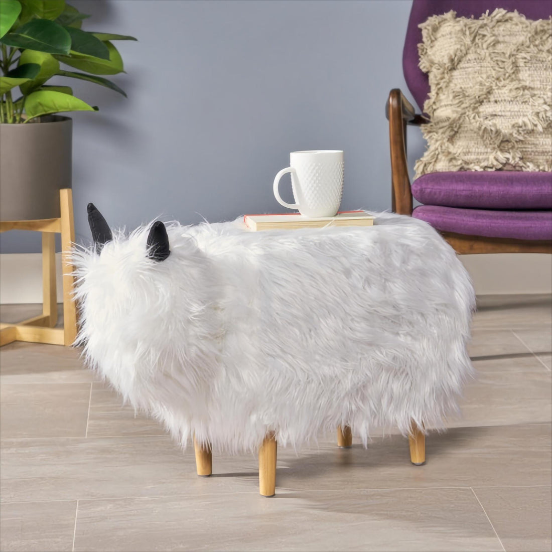 Adorable Upholstered White Yak Ottoman, Cute Wood Foot Stool Shoes Changing Seat With Cushioned For Adult Living Room, Bedroom, Nursery Gameroom, Playroom, Porch Furniture White Light Brown Primary Living Space Art Deco,Artsy,Contemporary,Cute,Modern