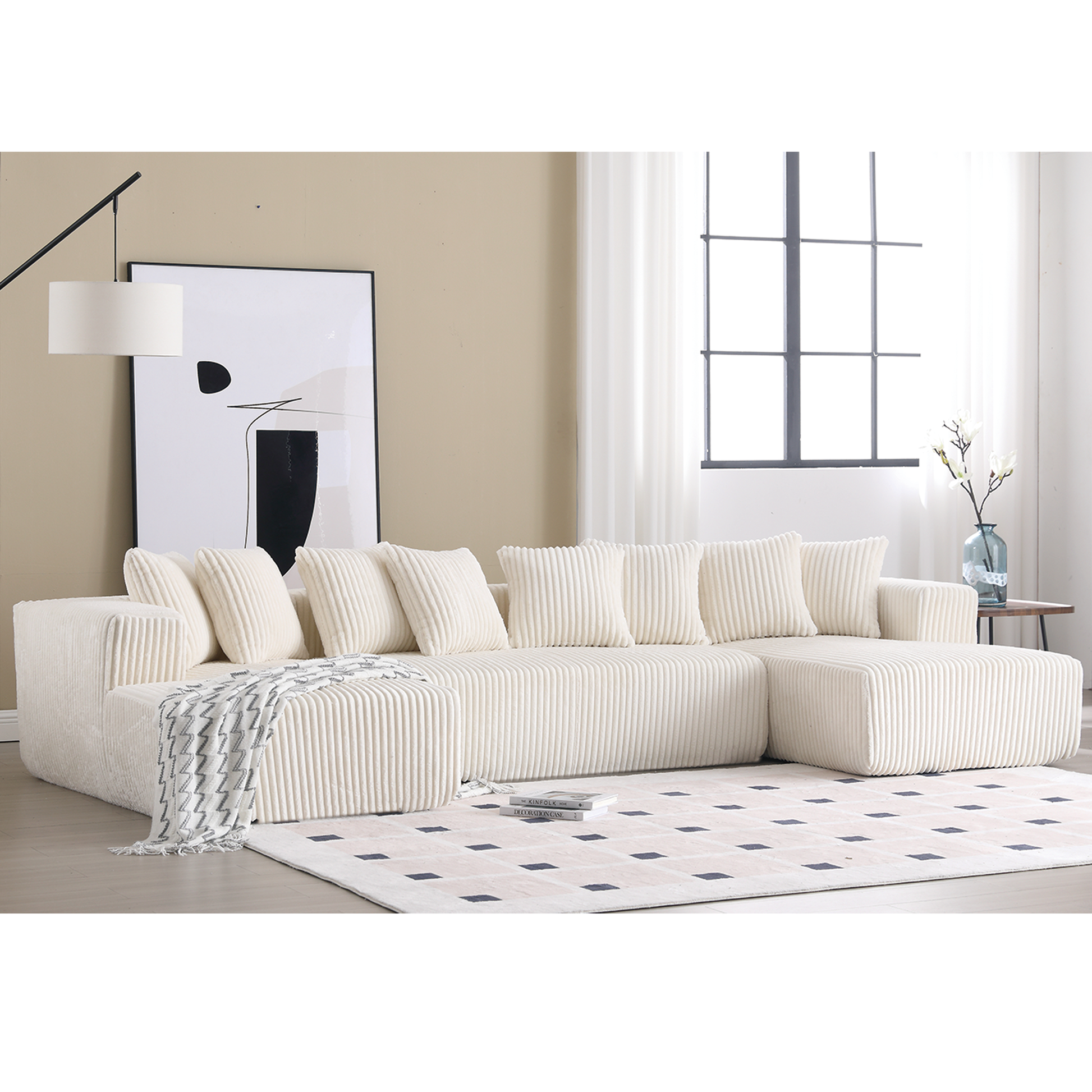 Arrived 131'' Modular Sectional Couch, U Shaped Sofachaise Lounge, Striped Fabric,Upholstered 4 Seater Couch For Living Room, Bedroom, Free Combination Sofa Corduroy ,White White Polyester Primary