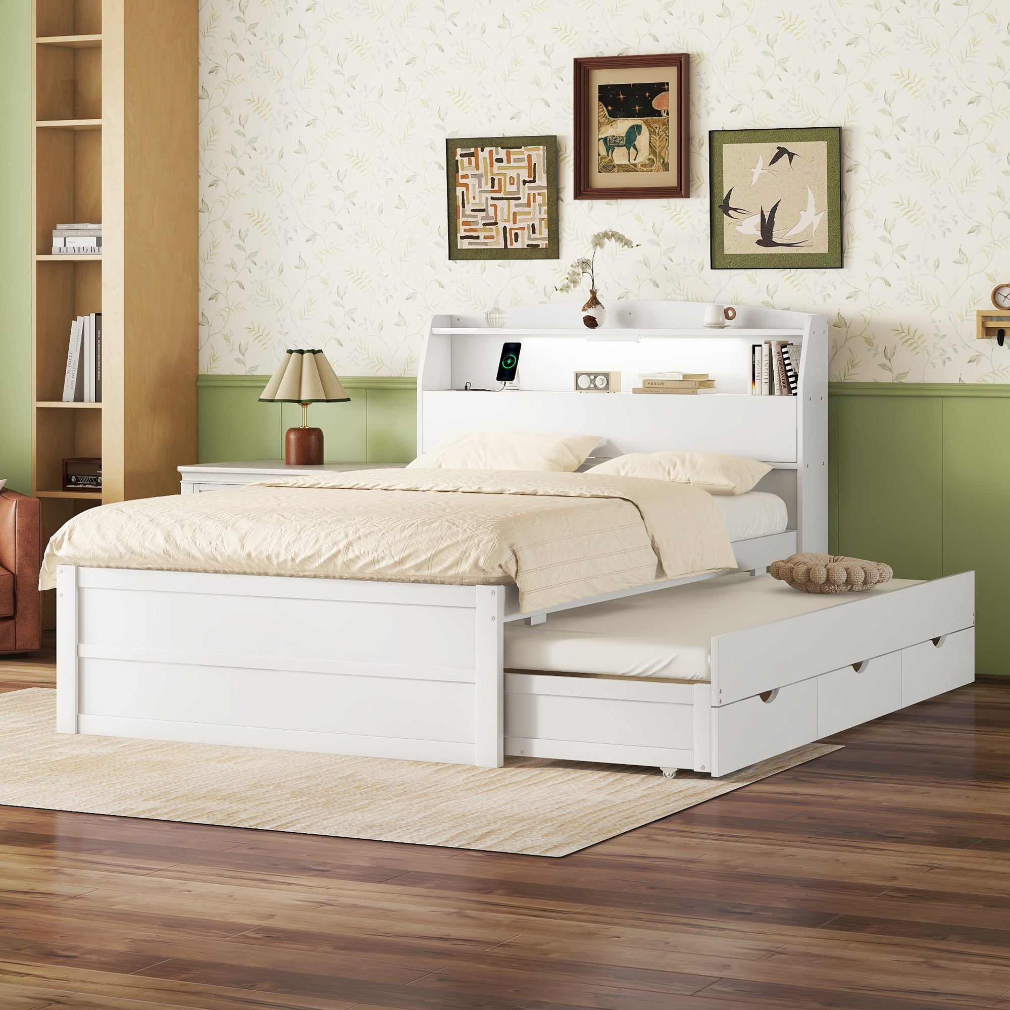 Full Size Wooden Led Platform Bed With Trundle, With Storage Headboard, With Drawers, White Full White Plywood