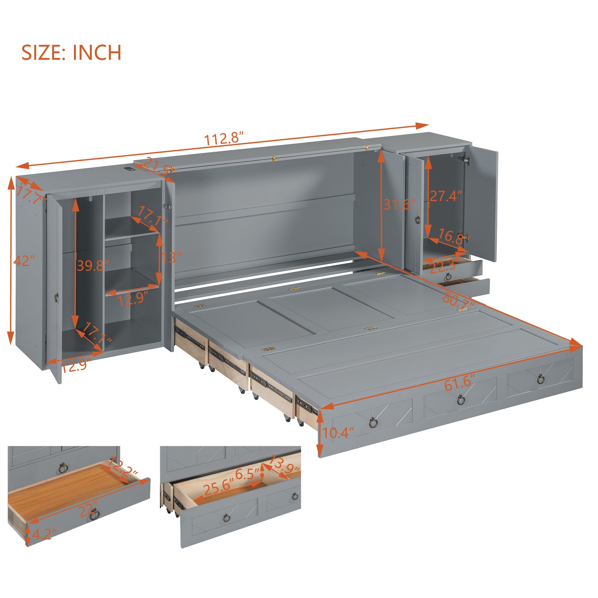 Queen Size Murphy Bed With Usb Port, Little Wardrobes And Drawers, Gray Queen Gray Particle Board Mdf