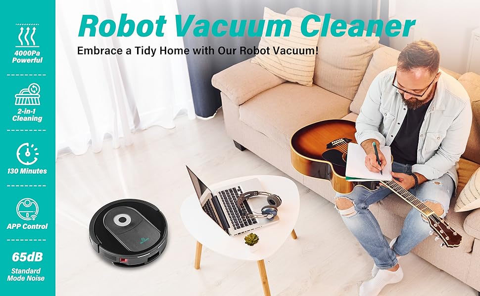 Robot Vacuum And Mop Combo, 4000Pa Automatic Vacuum Cleaner Robot With Watertank And Dustbin, Self Charging Smart Vacuum Robot Compatible With App, Perfect For Pet Hair, Hard Floor And Carpet Black