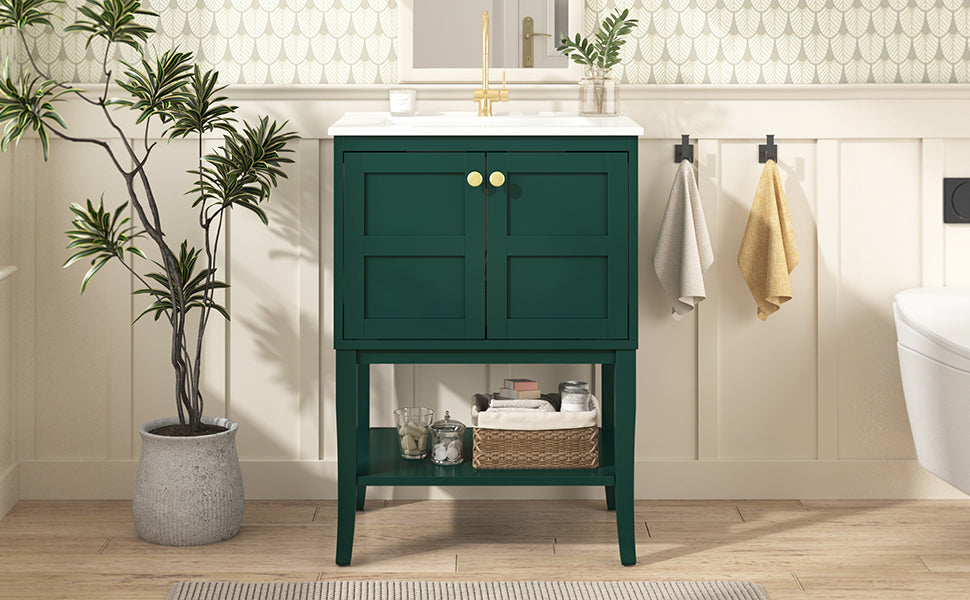 24'' Bathroom Vanity With Top Sink, Modern Bathroom Storage Cabinet With 2 Doors, Single Sink Bathroom Vanity Green 2 1 Adjustable Hinges Bathroom Freestanding Modern Solid Wood Mdf Resin Painted