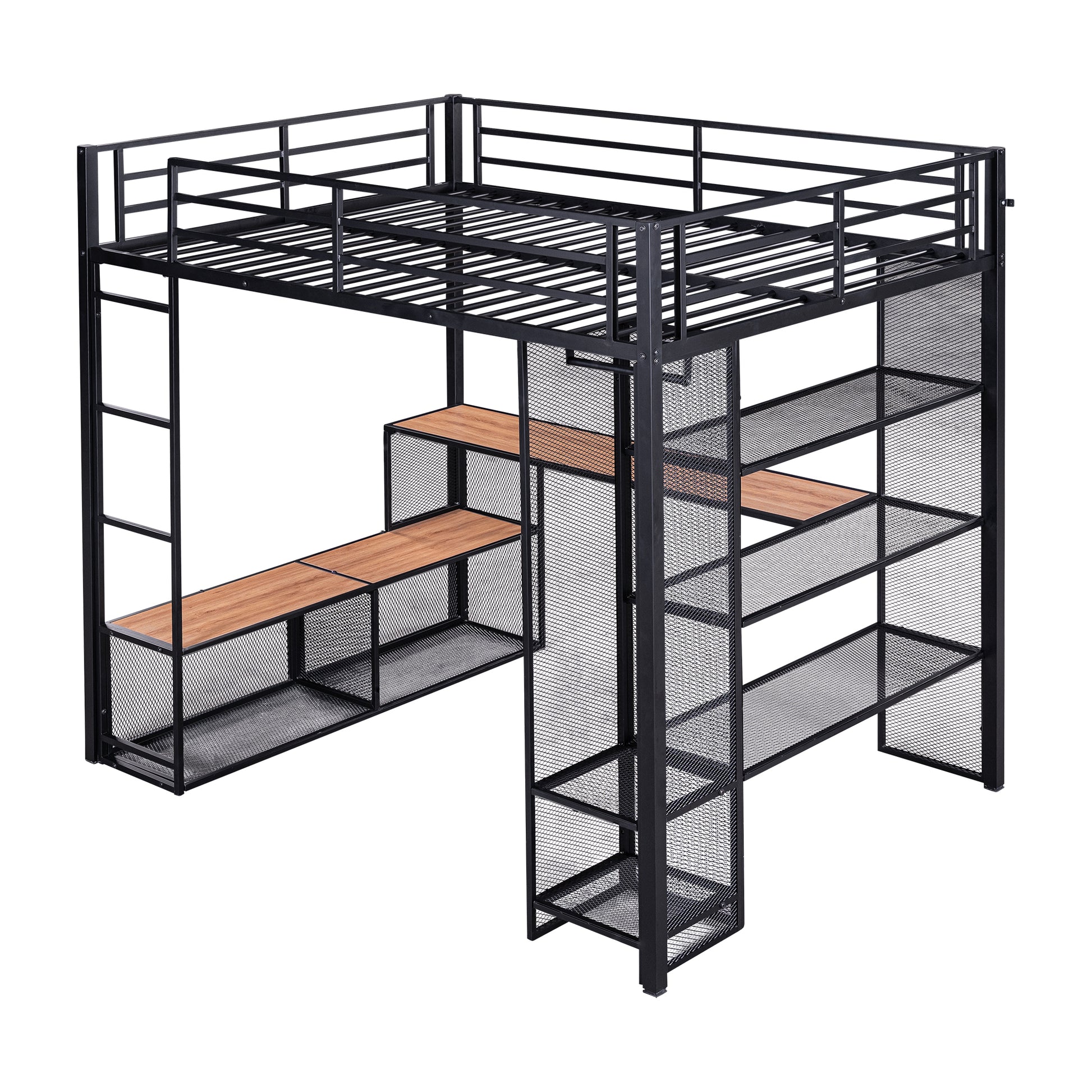 Full Size Metal Loft Bed With Storage Iron Mesh And Mdf Shelves And Open Wardrobe,Black Black Metal