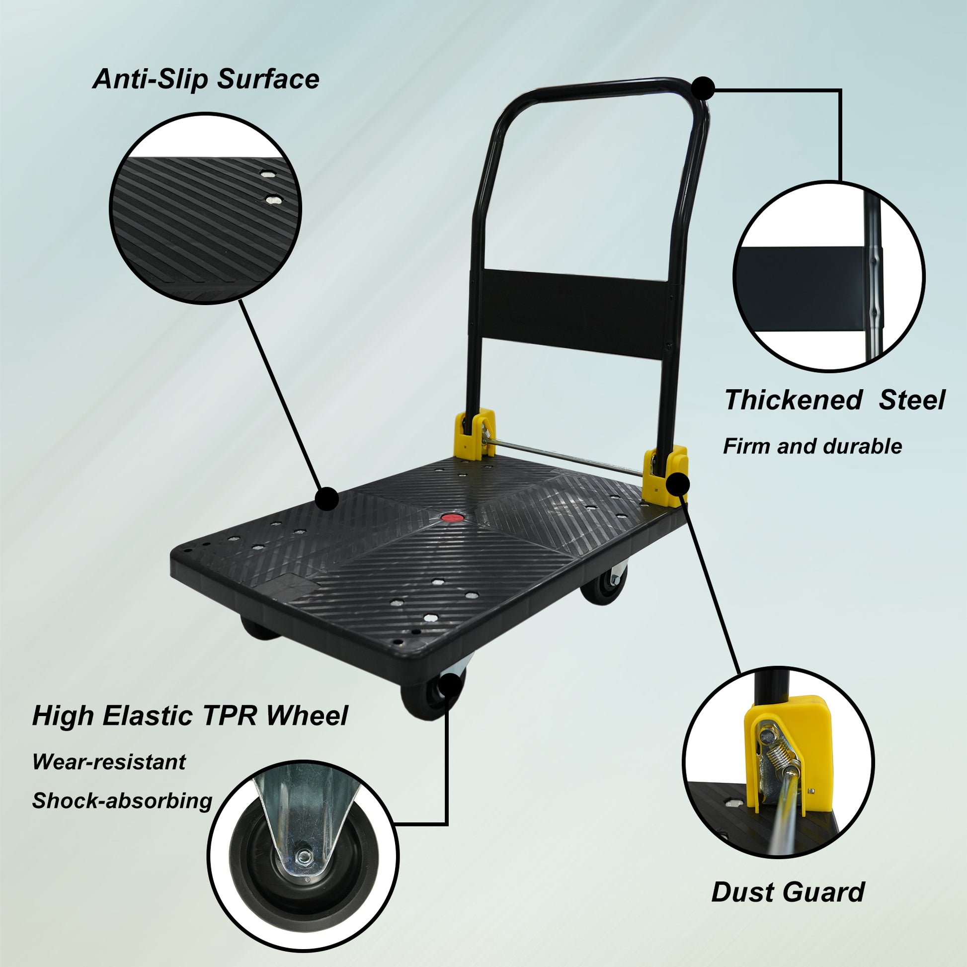 Foldable Platform Push Hand Truck Cart, 440 Lbs. Weight Capacity, 2 Swivel Brake Wheels Black Metal