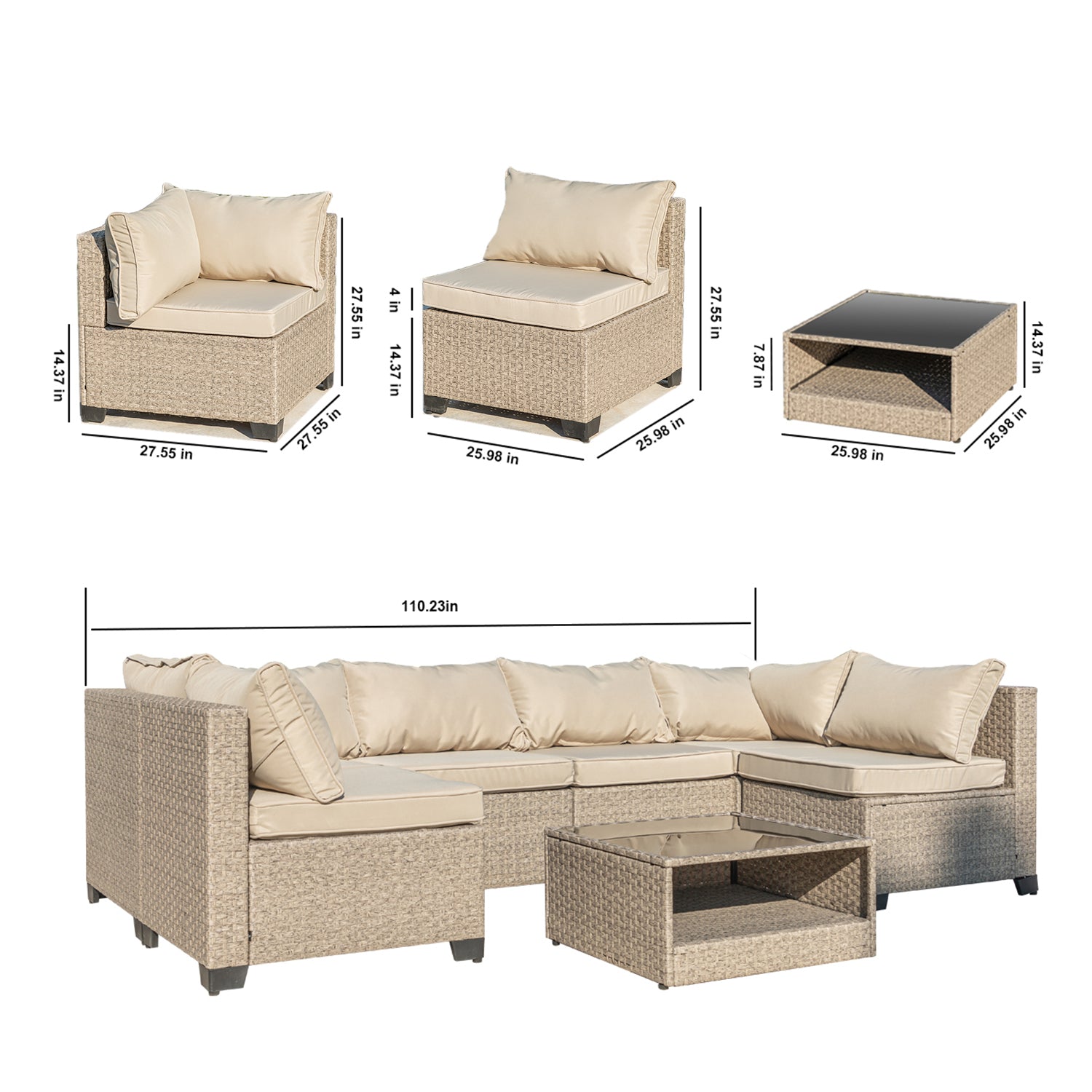 9 Piece Patio Furniture Set, All Weather Boho Outdoor Conversation Set Sectional Sofa With Water Resistant Grey Thick Cushions Beige Pe Rattan Iron Waterproof Fabric