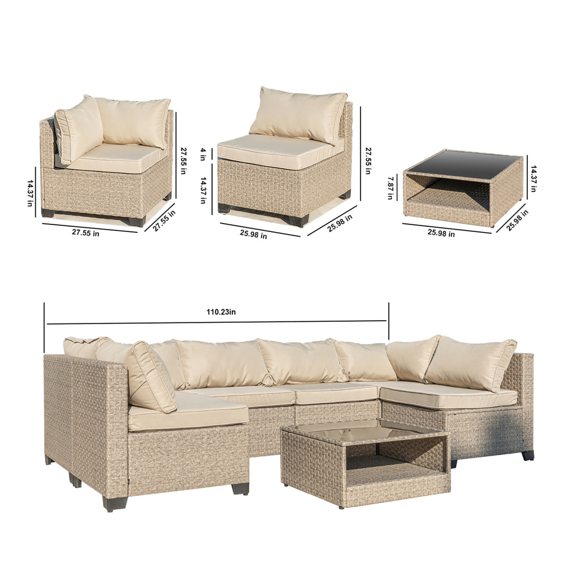 8 Piece Patio Furniture Set, All Weather Boho Outdoor Conversation Set Sectional Sofa With Water Resistant Khaki Thick Cushions Light Khaki Beige Metal