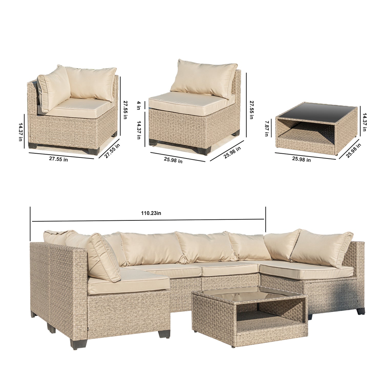 8 Piece Patio Furniture Set, All Weather Boho Outdoor Conversation Set Sectional Sofa With Water Resistant Khaki Thick Cushions Light Khaki Beige Metal