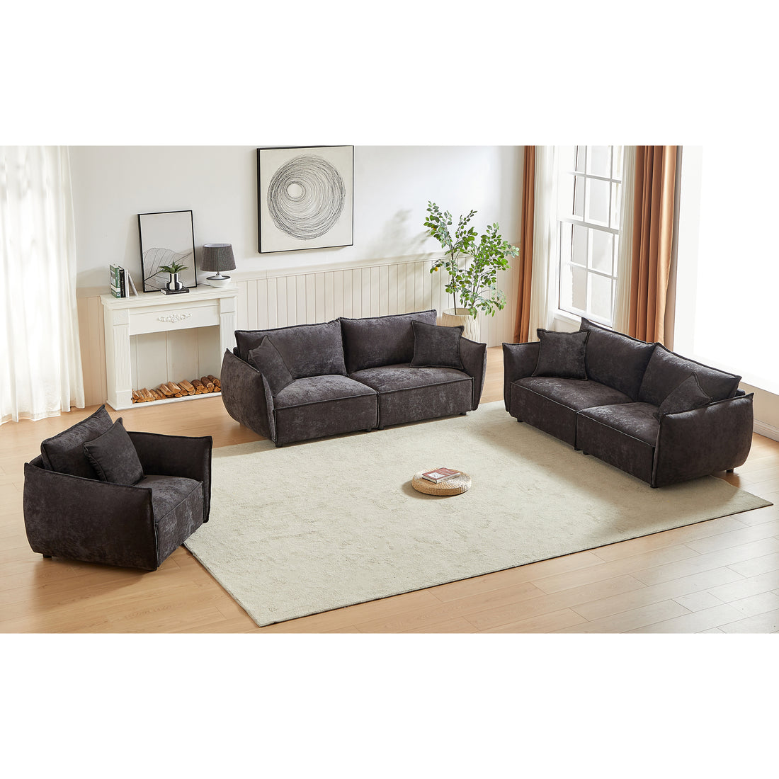 3 Seater 3 Seater 1 Seater Combo Sofa Modern Living Room Sofa, Linen Fabric Sofa, Wooden Frame With 5 Pillows, Apartment Sofa Furniture Black Linen Wood Primary Living Space Pine Foam Fabric 7 Seat