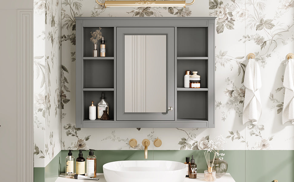 35'' X 27.5'' Medicine Cabinet, Wall Mounted Bathroom Storage Cabinet, Modern Bathroom Wall Cabinet With Mirror, Mirror Cabinet With 6 Open Shelves Not Include Bathroom Vanity Grey 1 5 Mirror Included Bathroom Wall Mounted Mdf Painted