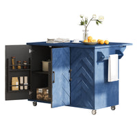 K&K 51.2"W 3D Wave Stripes Ash Veneer Not Cheap Paper Kitchen Island With Drop Leaf, Farmhouse Kitchen Island On Wheels With Internal Storage Rack, Rolling Kitchen Cart Navy Blue Navy Blue Nature