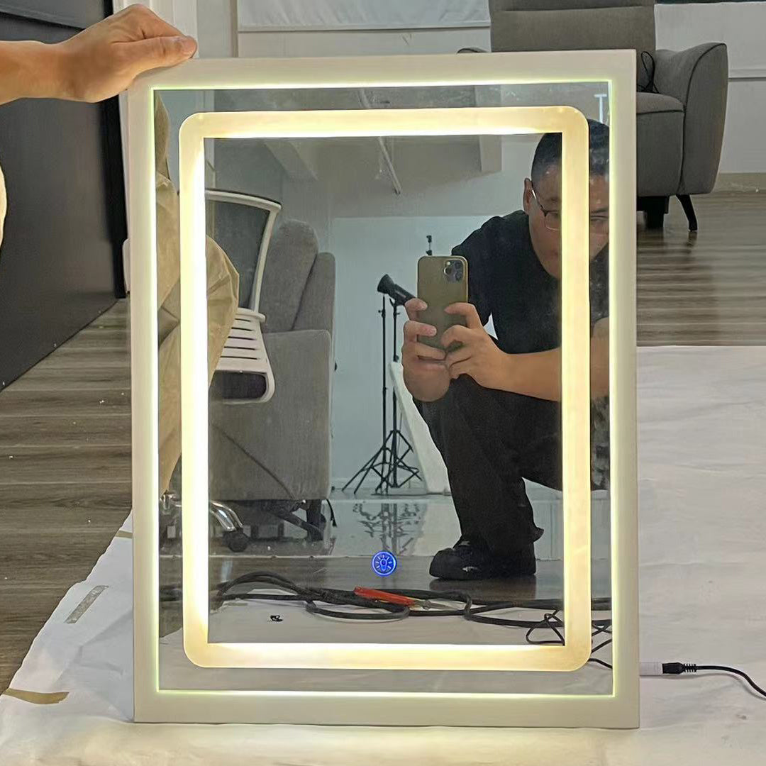 Small Size 16"X21" Touch Control Sliding Led Mirror, Tri Color Switching, Brightness Adjustable White White American Design Mdf