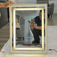 Small Size 16"X21" Touch Control Sliding Led Mirror, Tri Color Switching, Brightness Adjustable White White American Design Mdf