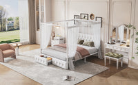 Queen Size Metal Canopy Platform Bed With Upholstered Headboard And Two Storage Drawers, White Queen White Metal