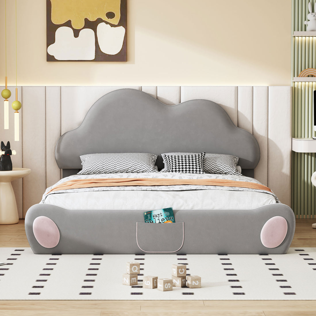 Queen Size Cloud Shaped Headboard Upholstered Platform Bed With Rounded Footboard And Pocket, Gray Queen Gray Velvet