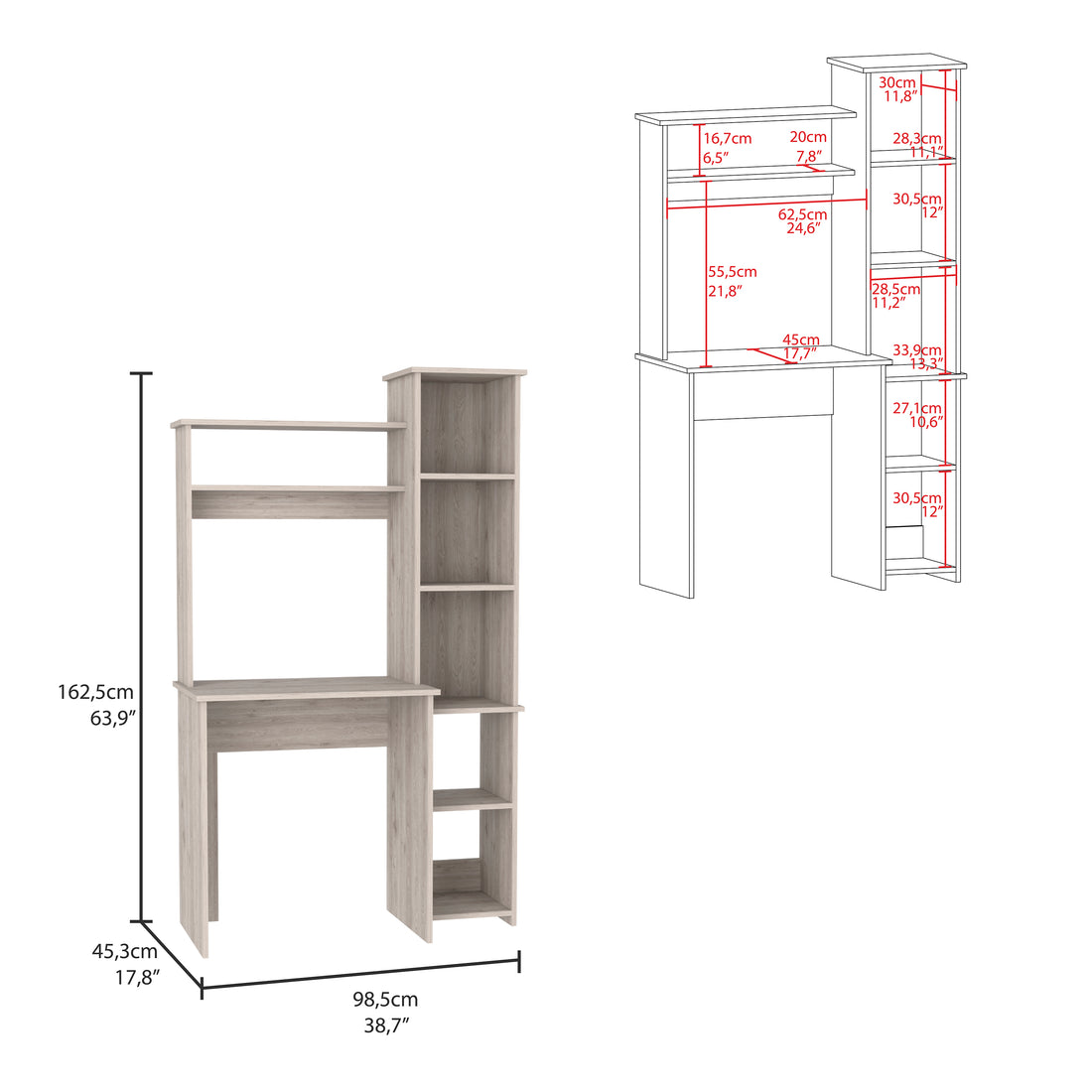 Versalles Writintg Desk, Two Superior Shelves, Five Cubbies Light Gray Gray Computer Desk Office Modern Rectangular Shelves Desk Rectangular Particle Board Particle Board