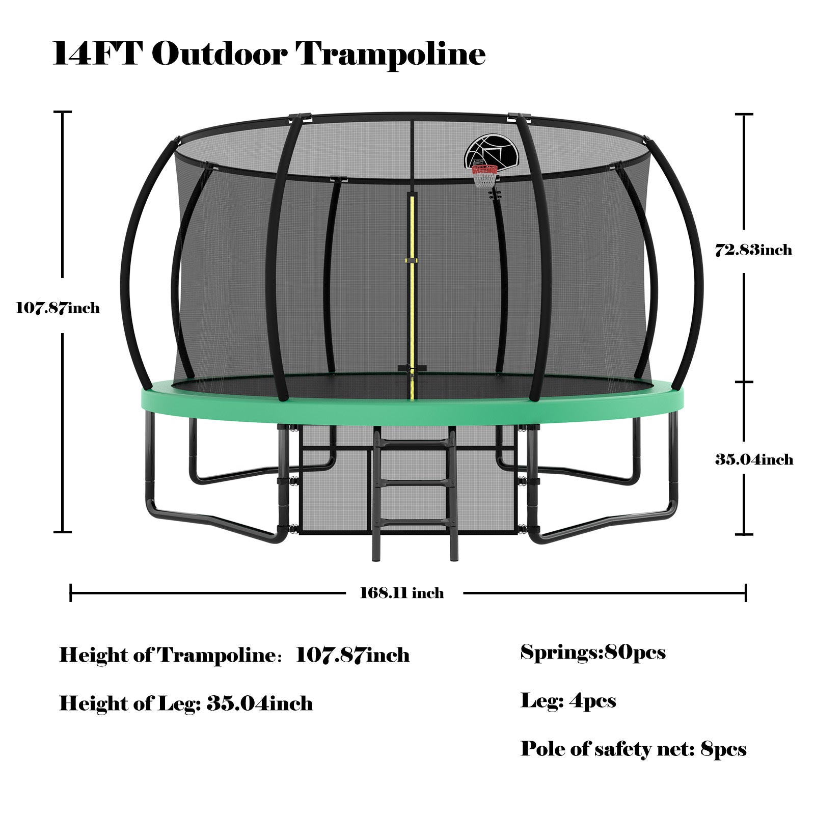 14Ft Trampoline With Enclosure Recreational Trampolines With Ladder And Antirust Coating, Astm Approval Outdoor Trampoline For Kids Green Steel