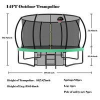 14Ft Trampoline With Enclosure Recreational Trampolines With Ladder And Antirust Coating, Astm Approval Outdoor Trampoline For Kids Green Steel