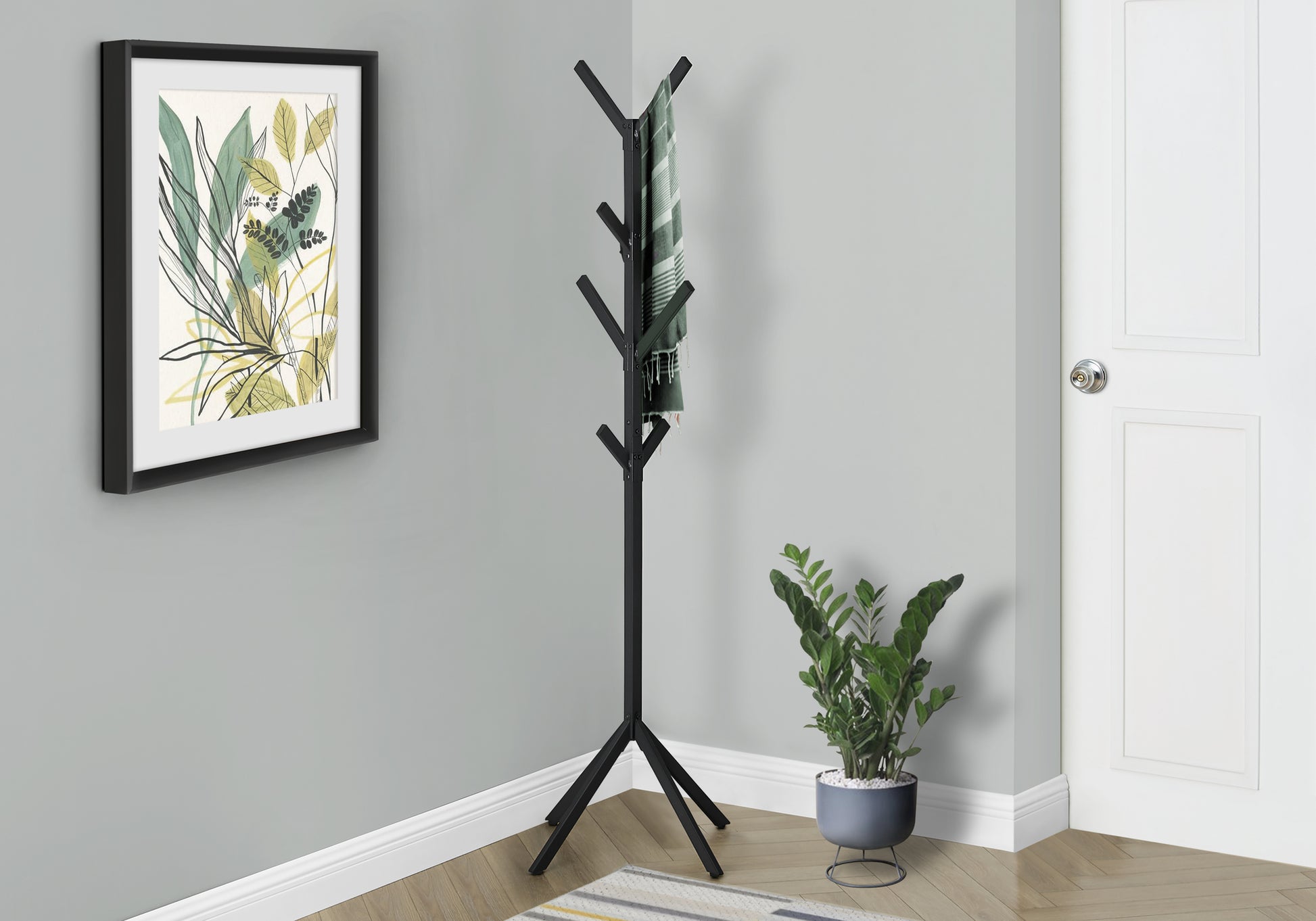 Coat Rack, Hall Tree, Free Standing, 8 Hooks, Entryway, 70"H, Bedroom, Black Metal, Contemporary, Modern Black Metal