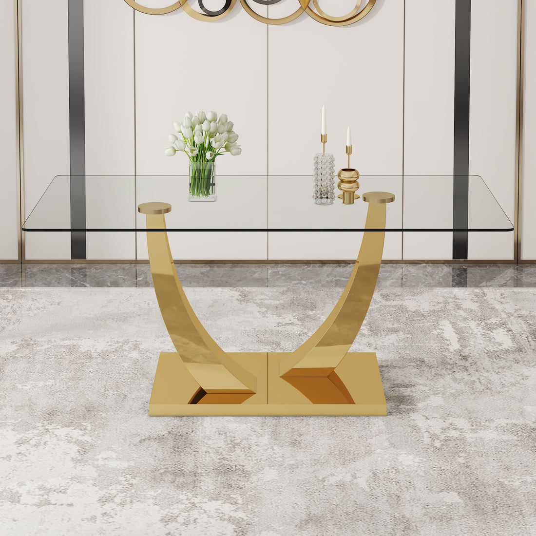 Modern Simple Rectangular Dining Table With Clear Glass Top And Smooth Gold Legs. Suitable For Kitchen, Dining Room And Living Room. Golden Glass