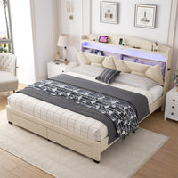 Storage Headboard ,Queen Size With Rf Led Lights Box Spring Not Required Queen Beige Wood Brown Bedroom American Design Poplar Bed Frame Metal & Wood Polyester Fabric