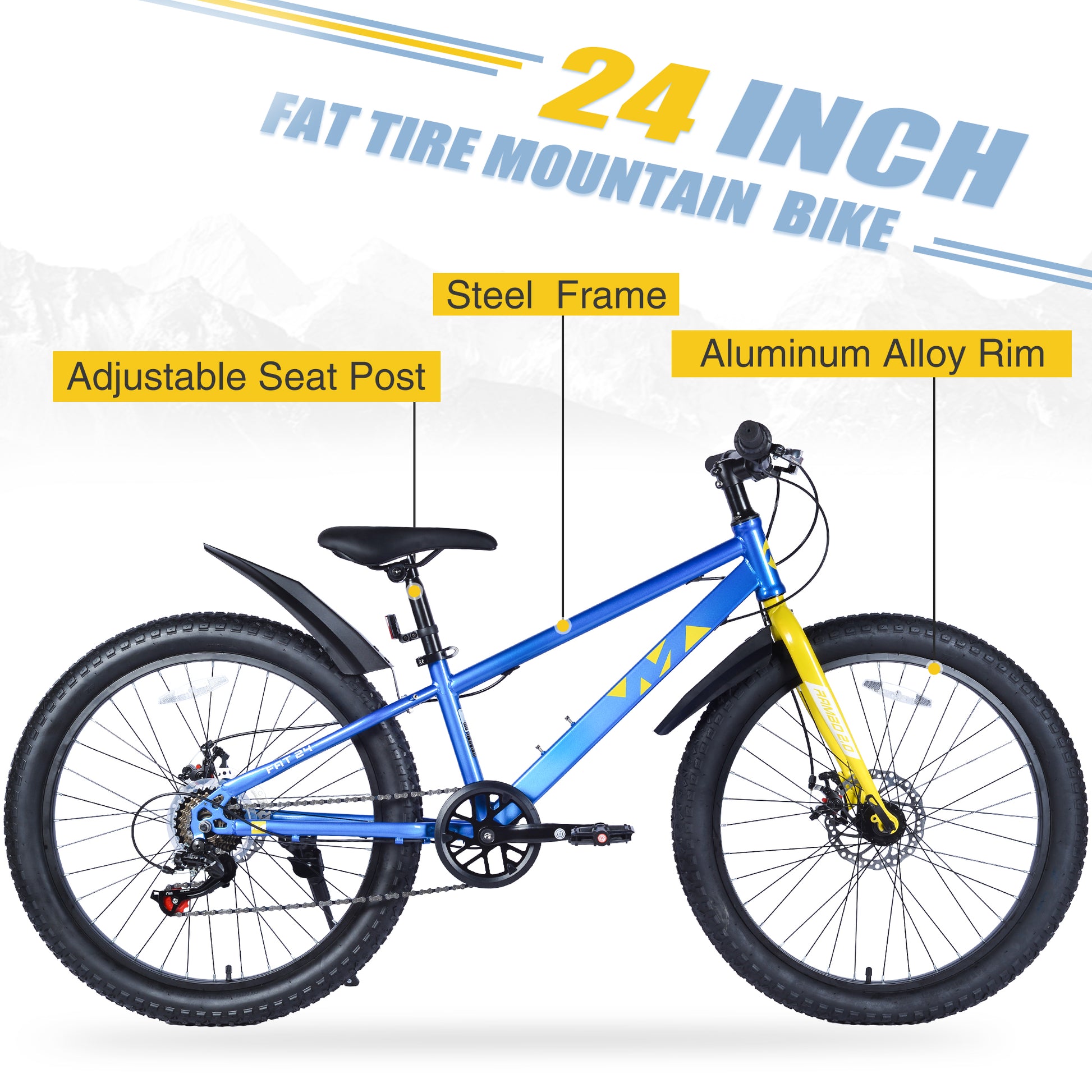 24 Inch Bicyclesfat Tire Mountain Bike For Boys And Girls Age 10 Years ,Dual Disc Brake,Shimano 7 Speed ,Kids Beach And Snow Bicycle Blue Steel