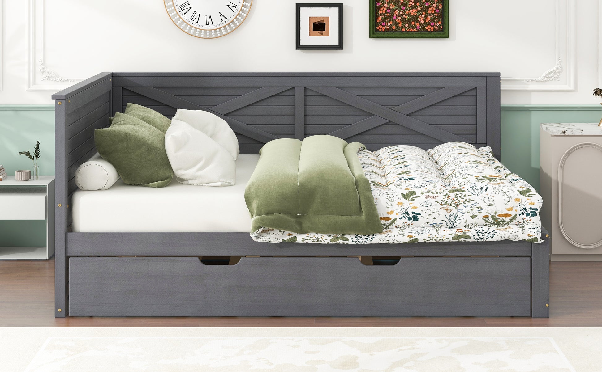 Twin Size Wood Daybed With Trundle And Rustic Guardrail, Ancient Grey Box Spring Not Required Twin Grey Wood Bedroom Solid Wood Mdf