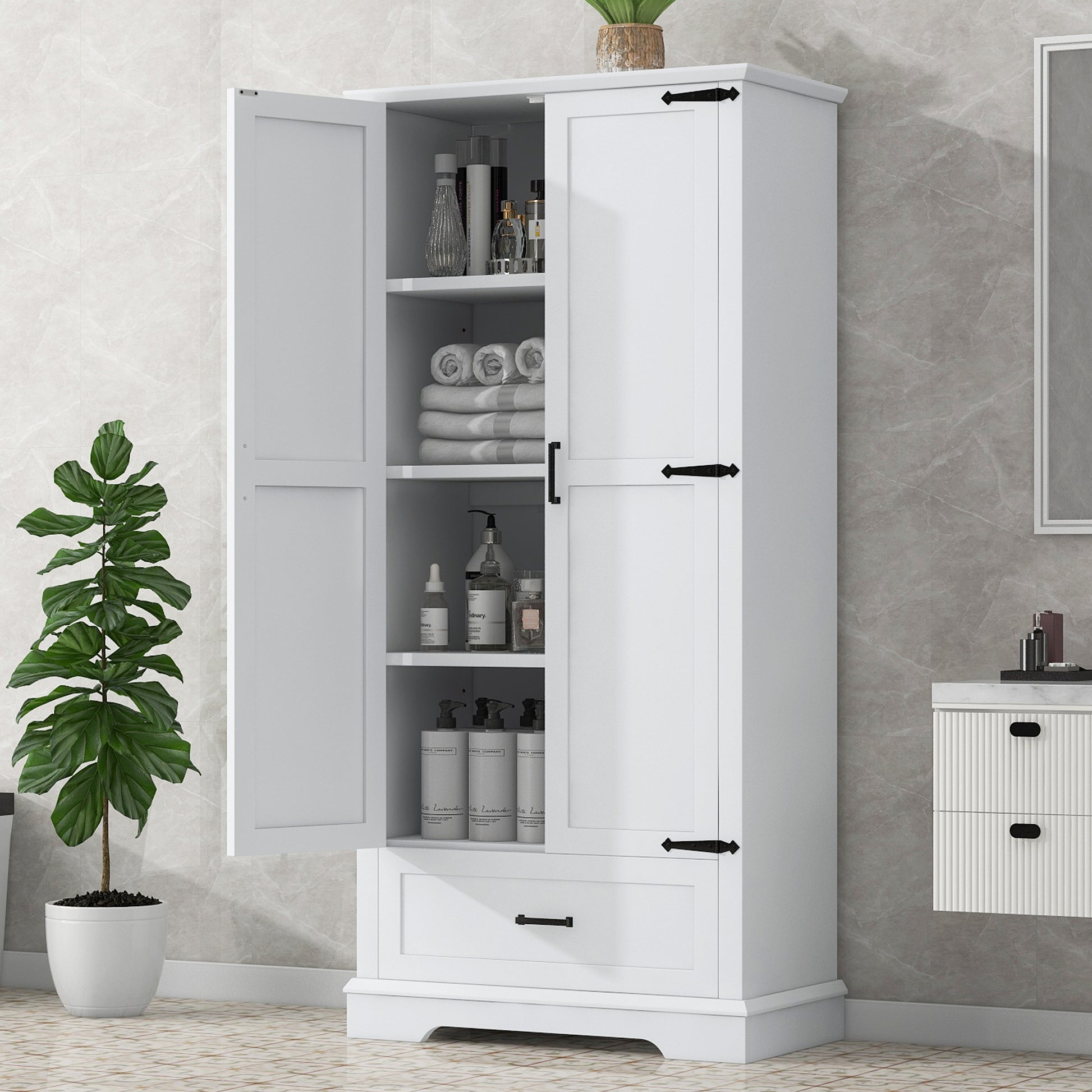 Tall Bathroom Storage Cabinet, Cabinet With Two Doors And One Drawer, Adjustable Shelf, Mdf Board, White White Mdf