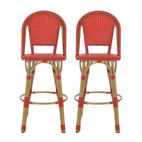 29.5" Outdoor Pe Rattan And Aluminum French Barstools, Set Of 2, Red And Bamboo Finish No Red Rust Resistant Frame Garden & Outdoor French 2 Person Seating Group Aluminum,Wicker