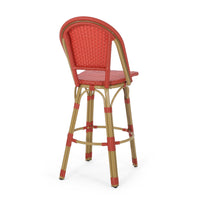 29.5" Outdoor Pe Rattan And Aluminum French Barstools, Set Of 2, Red And Bamboo Finish No Red Rust Resistant Frame Garden & Outdoor French 2 Person Seating Group Aluminum,Wicker