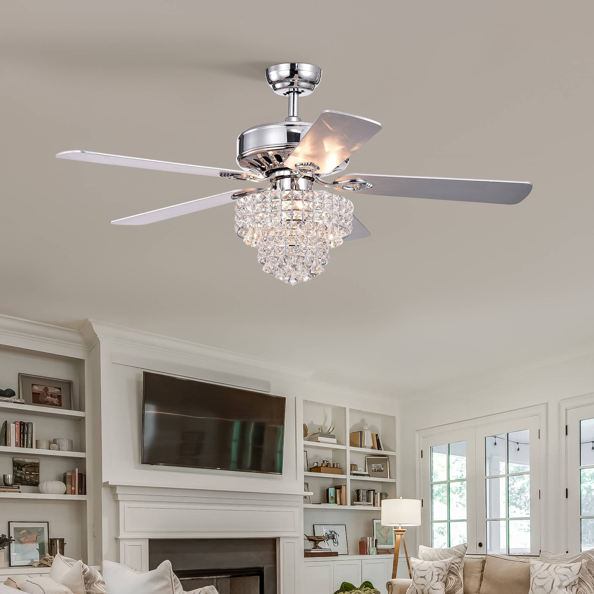 52 Inch Crystal Ceiling Fan Lamp With Remote Control 3 Speed High, Mid, Low , 5 Reversible Blades For Living Room, Dining Room, Bedroom, Family Room, Chrome ,3Pcs*E12 No Include Bulb Chrome American Traditional,Antique,Classic,Contemporary Plywood Metal