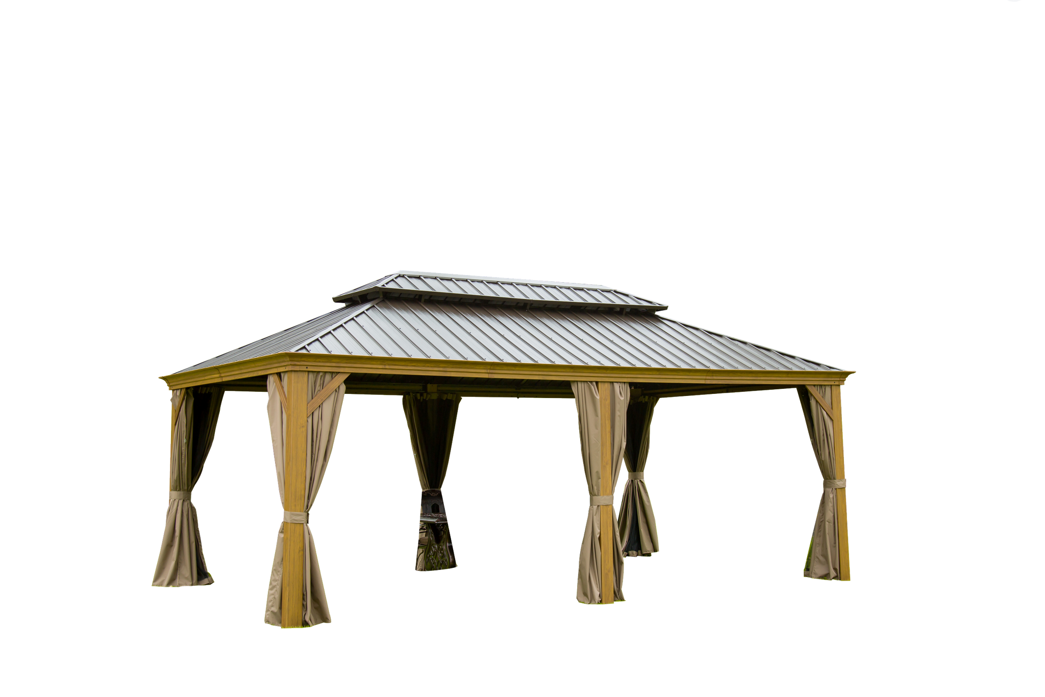 Outdoor Living 14X20Ft Hardtop Gazebo, Permanent Metal Gazebo With Galvanized Steel Double Roof And Aluminum Frame, Curtain And Netting, Large Pavilion Gazebo, Wood Looking Yellow Brown Aluminium