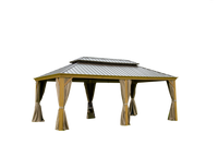 Outdoor Living 14X20Ft Hardtop Gazebo, Permanent Metal Gazebo With Galvanized Steel Double Roof And Aluminum Frame, Curtain And Netting, Large Pavilion Gazebo, Wood Looking Yellow Brown Aluminium