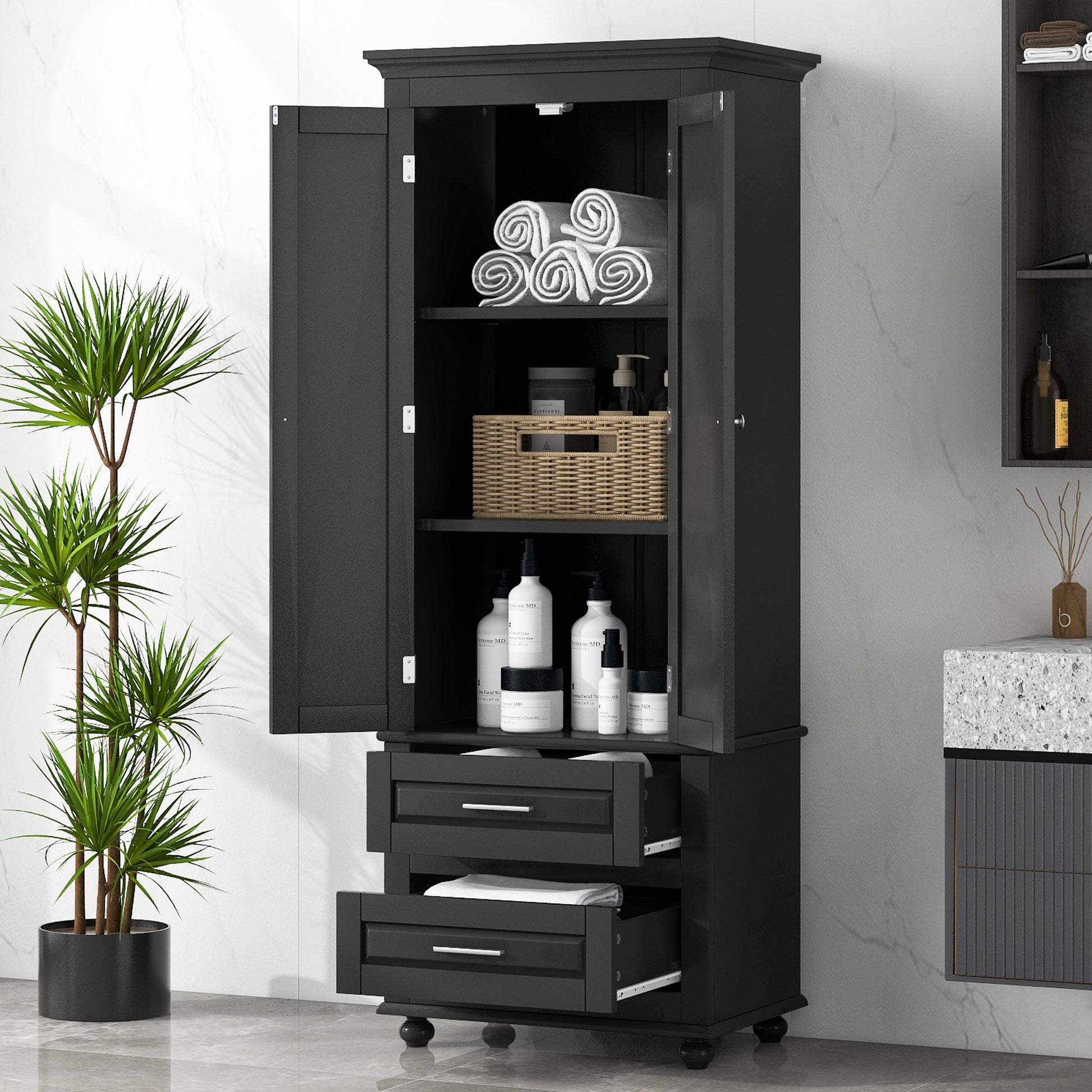 Tall Storage Cabinet With Two Drawers For Bathroom Office, Black Black Mdf