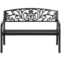 Outsunny 50" Outdoor Bench, Metal Garden Bench With Floral Pattern Backrest, Porch Bench With Slatted Seat For Park, Yard, Lawn, Black Black Iron
