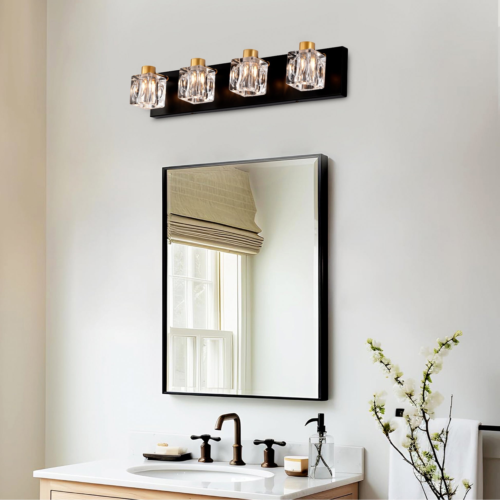 4 Light Matte Black Gold Bathroom Light Fixtures, Modern Vanity Lights With Crystal Glass Shade, Vintage Light Fixture Bathroom Over Mirror Wall Lights For Kitchen Dinning Room Bedroom Hallway Gold