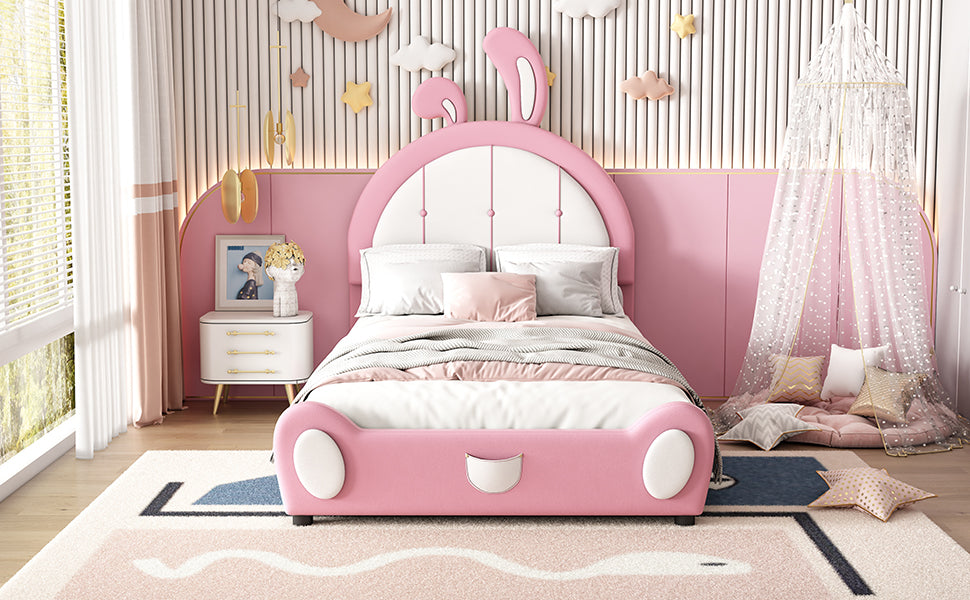 Twin Size Upholstered Platform Bed With Rabbit Shaped Headboard, Pink Box Spring Not Required Twin Pink White Wood Bedroom Bed Frame Faux Leather Upholstered