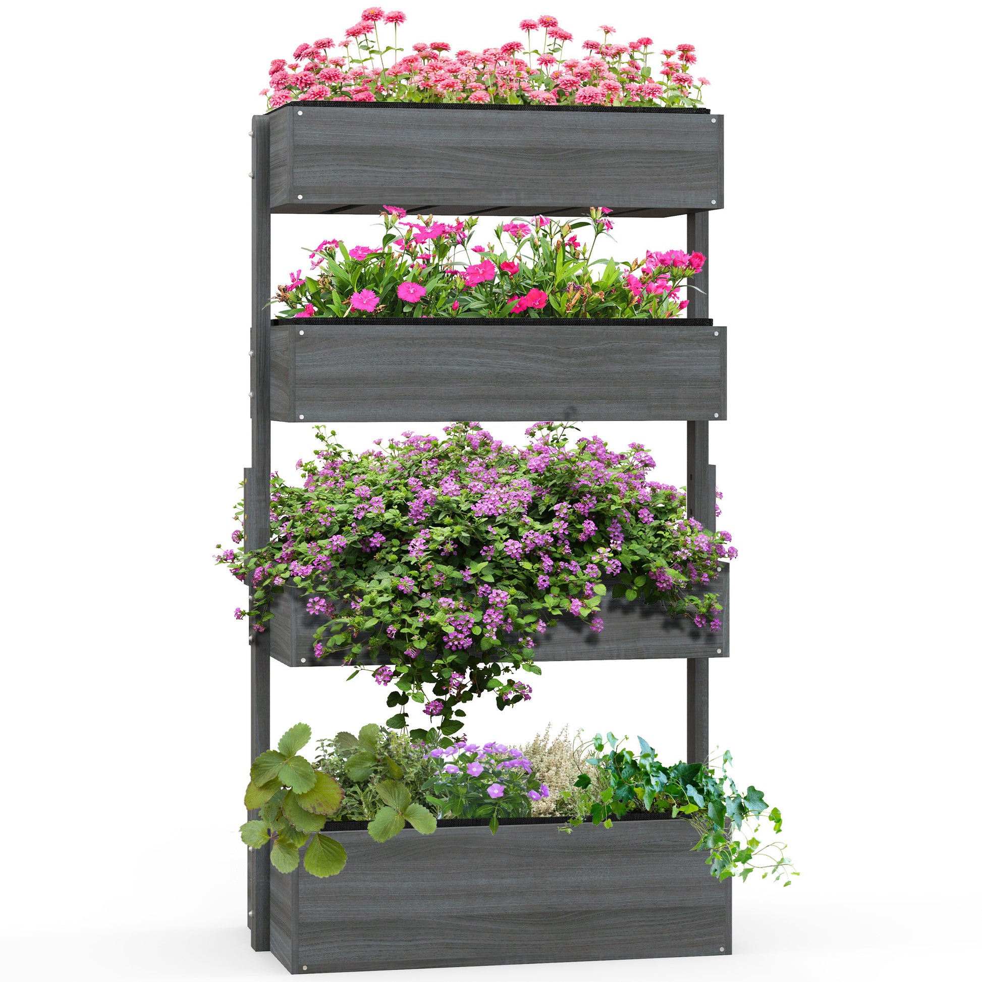 Outsunny Vertical Garden Planter, Wooden 4 Tier Planter Box, Self Draining With Non Woven Fabric For Outdoor Flowers, Vegetables And Herbs, Gray Gray Wood