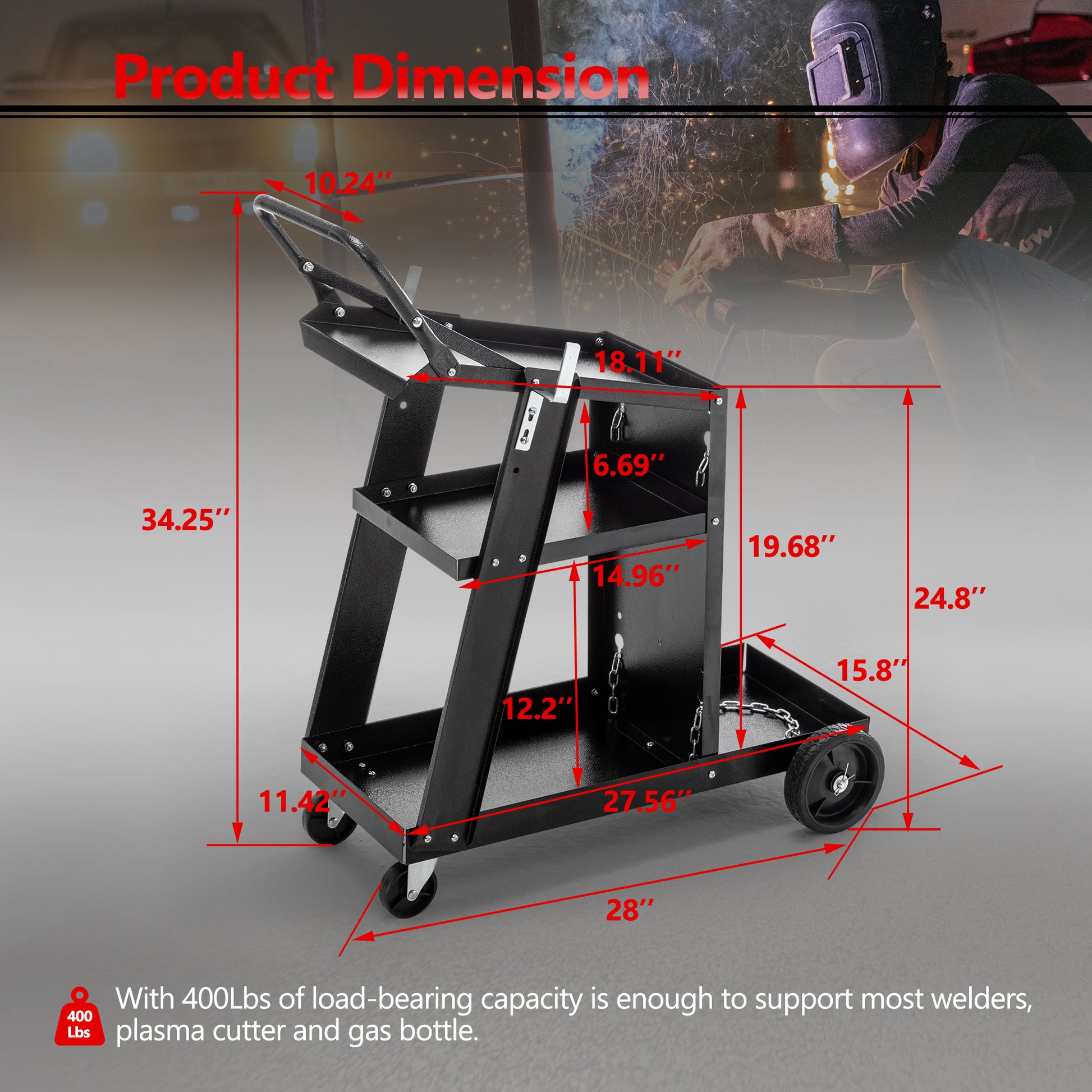 Welding Cart, 3 Tier Welder Cart Heavy Duty With 400Lbs Static Weight Capacity, 360 Swivel Wheels, Tank Storage Safety Chains, Rolling Mig Welder Cart For Tig, Arc, Mma Welding Machine Black Metal