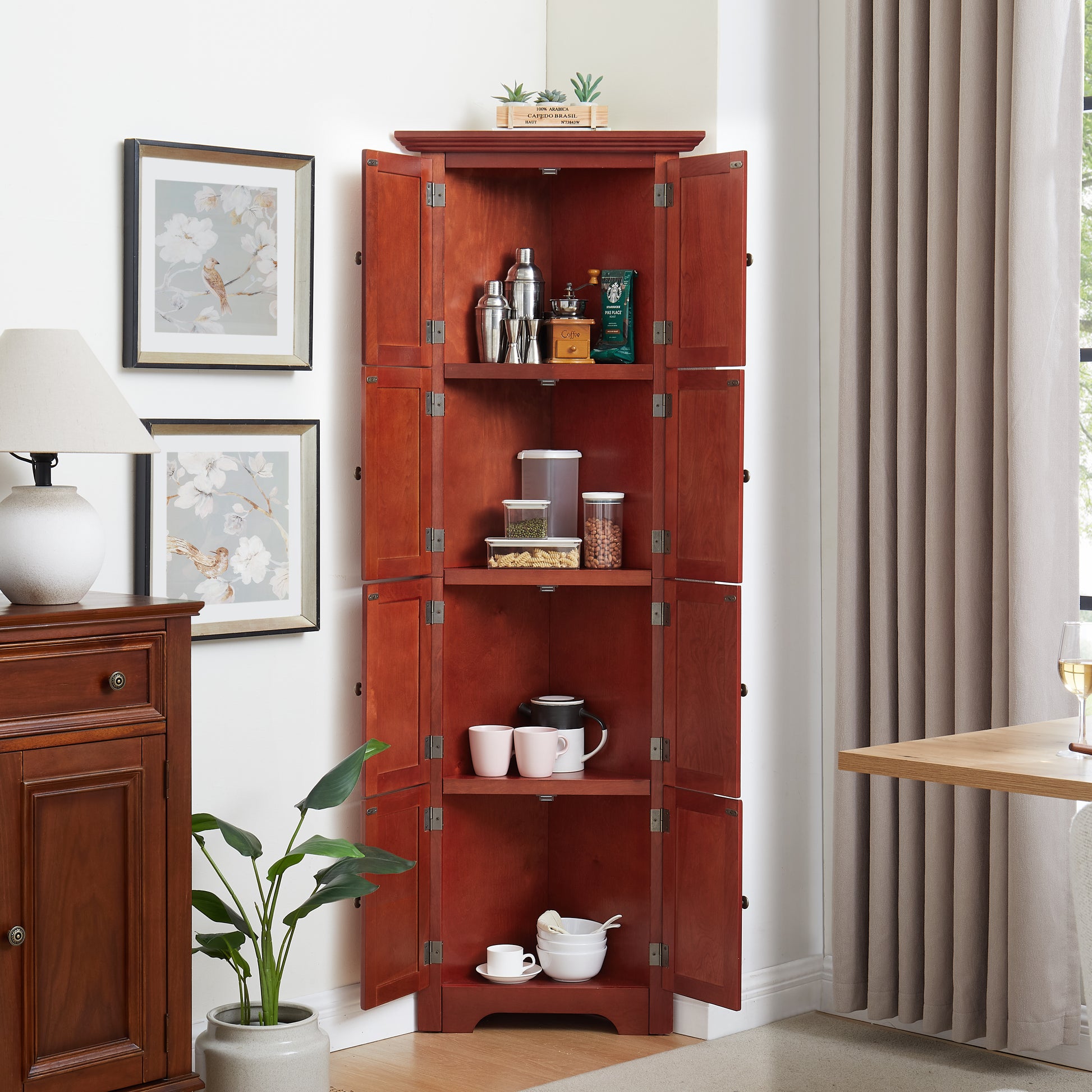 4 Tier 72" Corner Kitchen Pantry Storage Cabinet With 8 Doors Tall Storage Cabinet, Corner Cabinet And Adjustable Shelves, Home Farmhouse Bookshelf Cabinet For Bathroom, Living Room, Kitchen Cherry