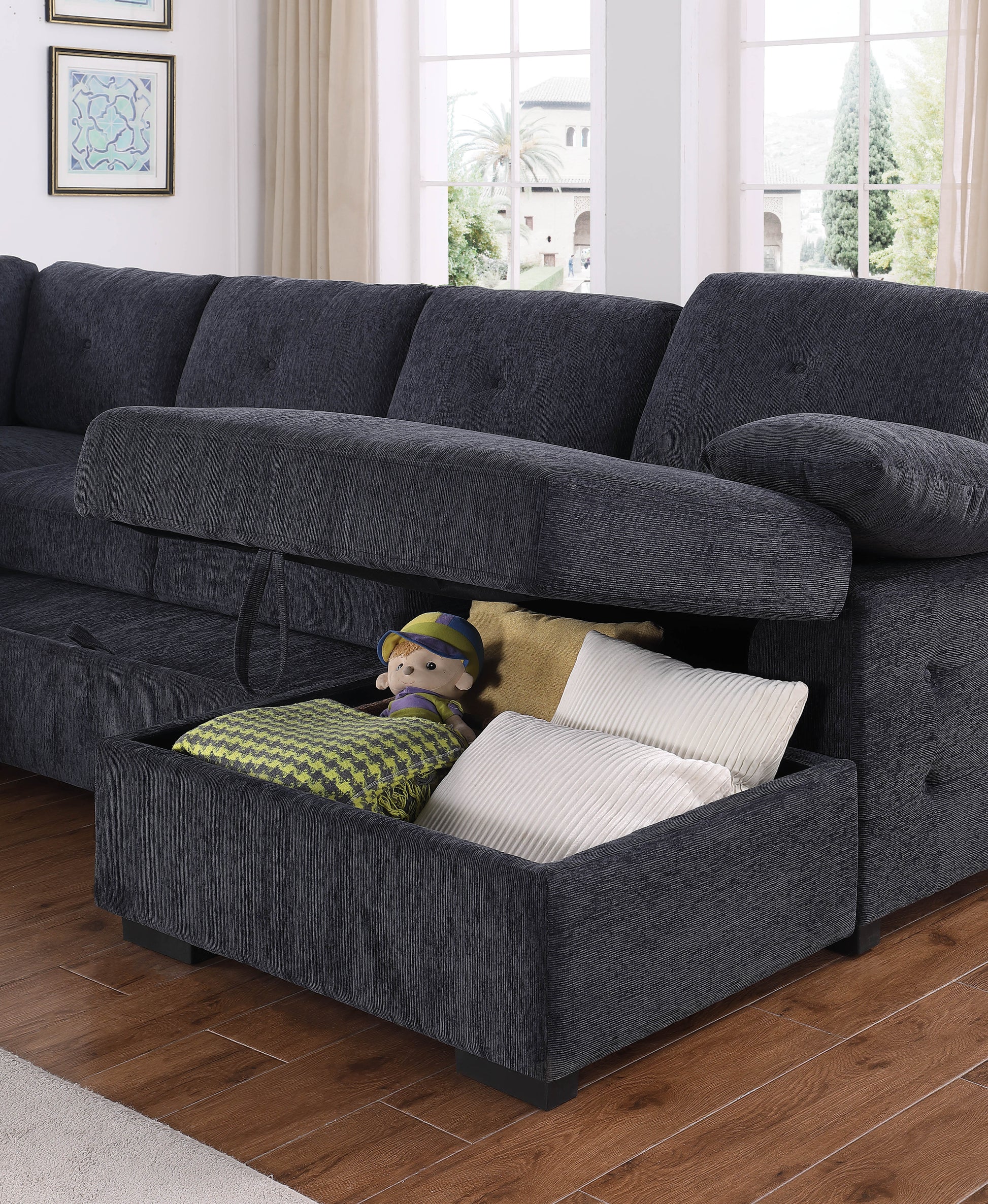 Nyhan Upholstered Corner Sectional With Pull Out Loveseat And Storaged Chaise Dark Gray Medium Firm Cushion Back L Shaped Foam Chenille 5 Seat